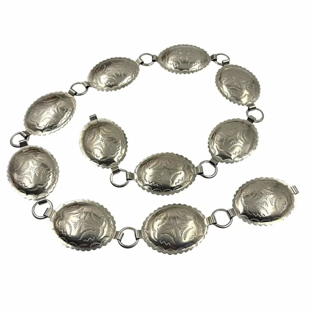 Vtg Silver Tone Concho Chain Belt Southwestern Oval Sunburst Link Boho 80s 90s